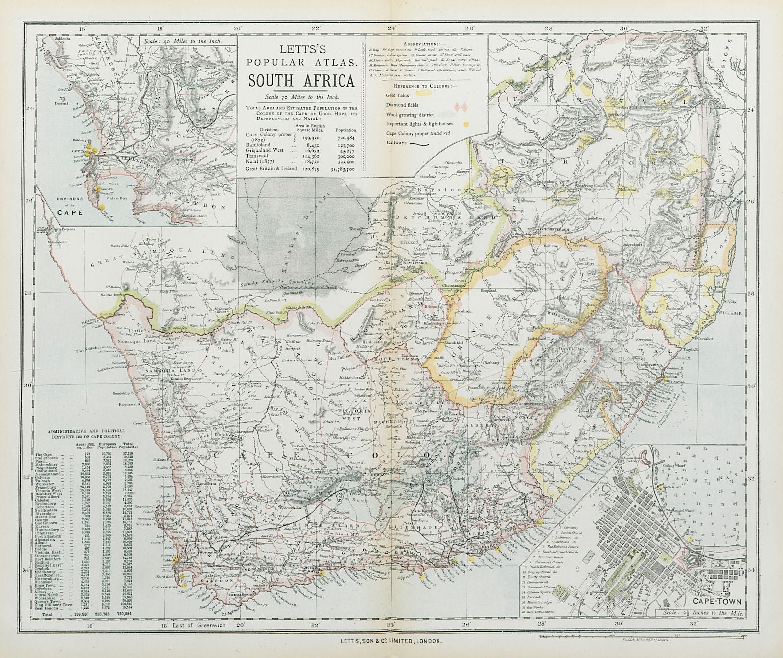 SOUTH AFRICA & CAPE TOWN CITY PLAN. Gold & diamond fields. LETTS 1883 map